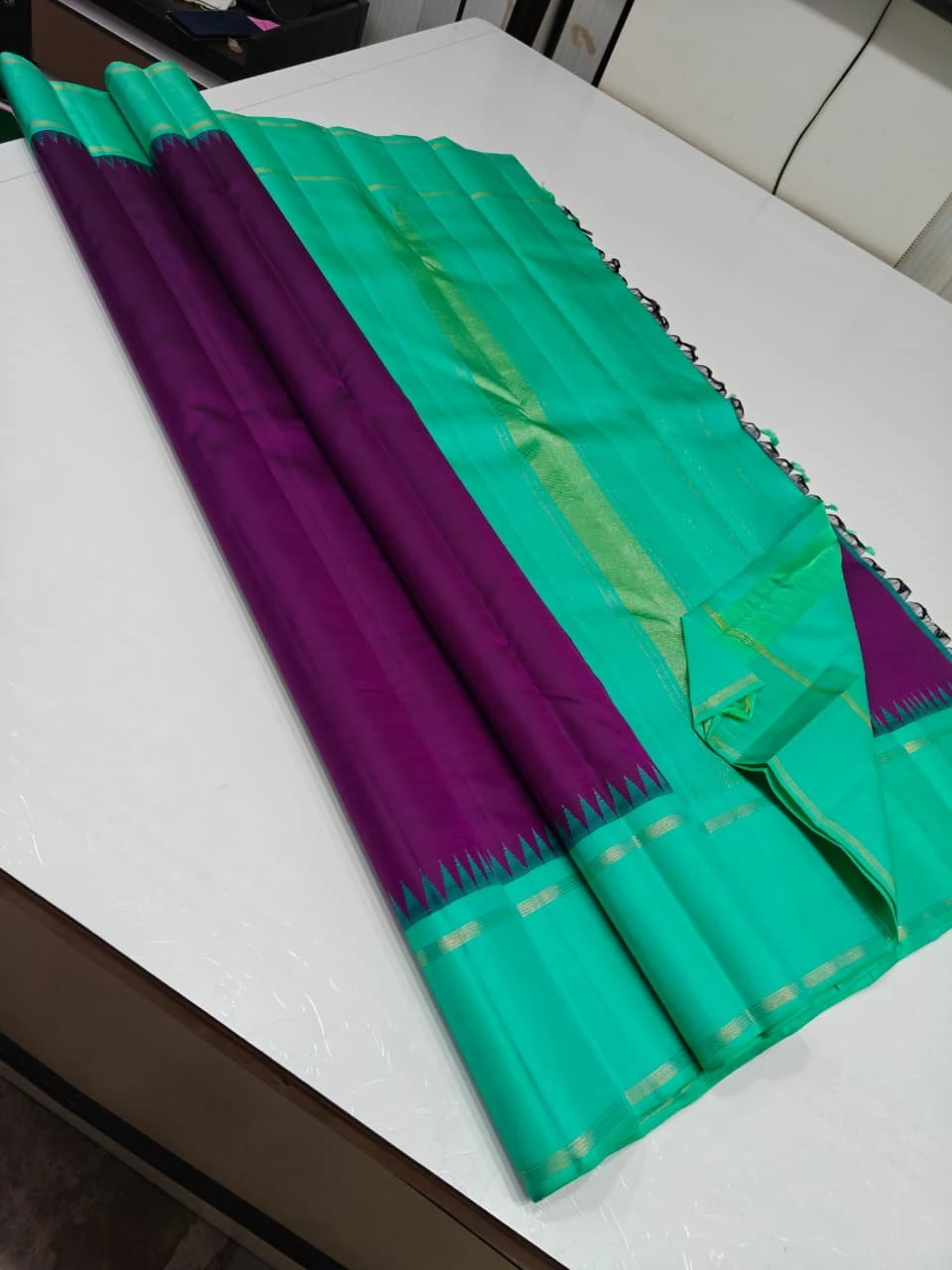 Royal Purple with Turquoise Blue Pure Kanchipuram Silk Saree with Contrast Korvai Temple Border